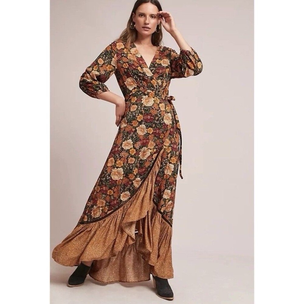 Farm Rio/Anthropologie Madrid Autumn Floral Wrap Maxi Ruffle V-Neck Sz L Dress